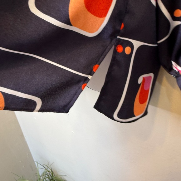 Zara | Retro Geo High Collar Mock Neck Long Sleeve Printed Charmeuse Blouse - Picture 12 of 16